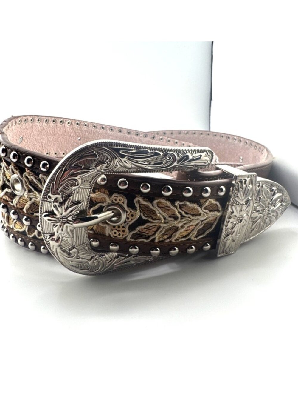 Angel Ranch Belt XL Brown Leather Floral Rhinestone Studded Western Cowgirl